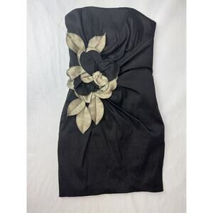 Vintage Cache Black Strapless Mini Dress Gold Floral Detail Party Cocktail Sz 4